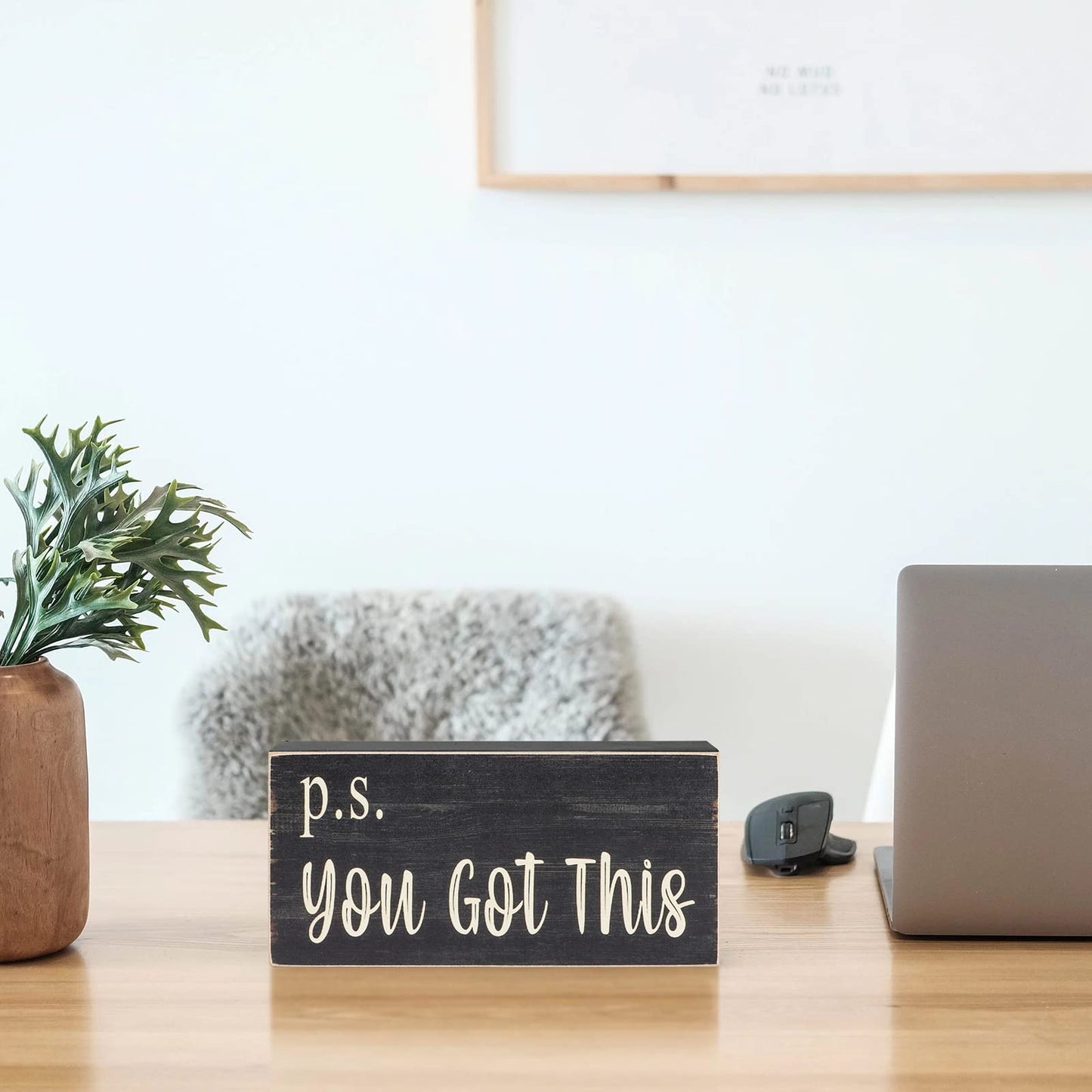 Esur Motivational Home Office Desk Black Decor - Farmhouse Wooden Box Sign Gift for Women - P.S. You Got This - WoodArtSupply