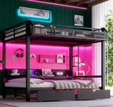 Bellemave Bunk Bed Queen Over Queen，Metal Bunk beds with Storage Shelves and Drawers USB Ports and LED Lights, Lower Bed That can be Converted into a Sofa, Black Bellemave