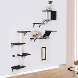 Modern Wall-Mounted Cat Furniture - 5pcs Cat Wall Shelves, Stable Wooden Cat Climber with Cat House, Bridge, Tree, Steps, and Scratcher - Black ESOTTE