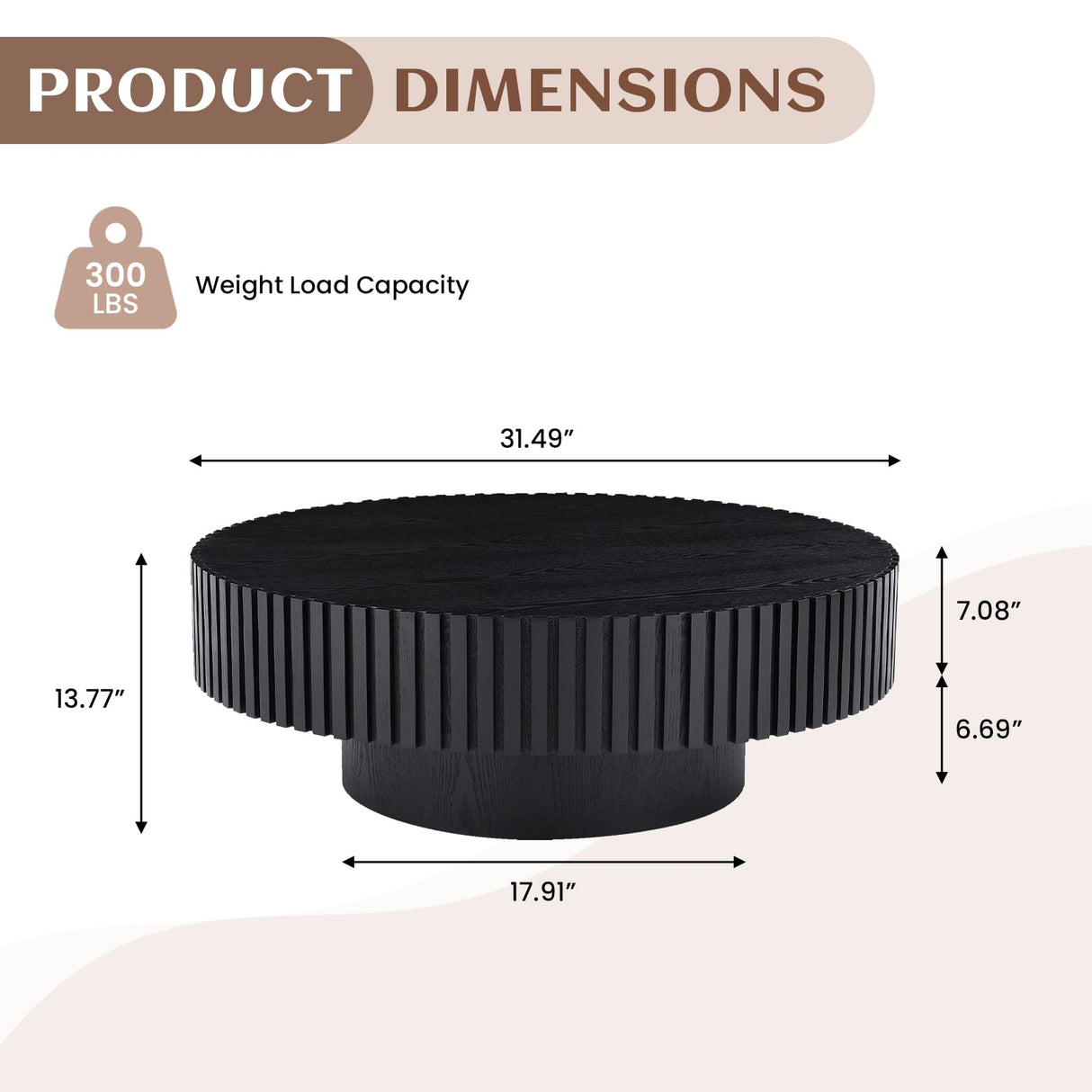 31.49" Round Wood Coffee Table, Modern Unique Circle Coffee Table, Contemporary Oak Drum Fluted Coffee Table Accent Side Table Center Table for Living Room, Small Space, Apartment, Black SLEERWAY