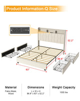 LegacyAmerhome Queen Bed Frame, Velvet Upholstered LED Platform Bed with Headboard Storage, Queen Bed Built-in Charging Station with 4 Drawers, Wood Slat Support, No Box Spring Needed, Beige LegacyAmerhome