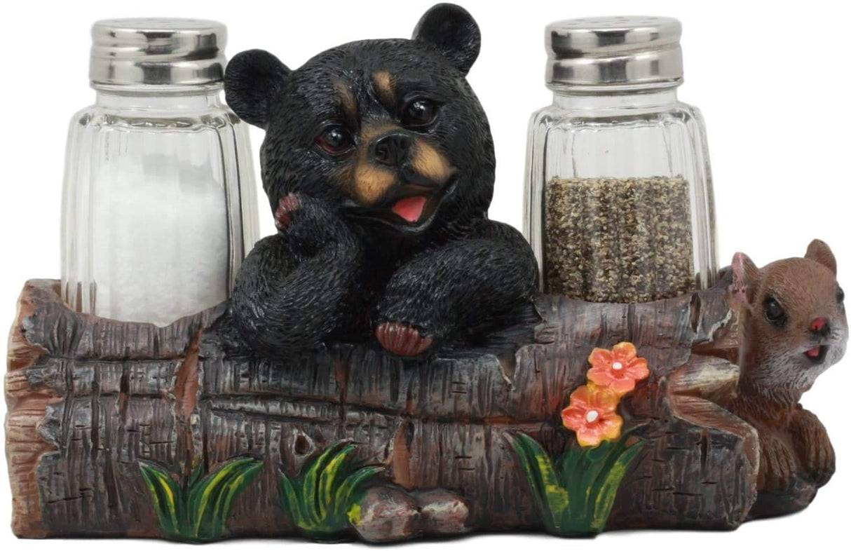 Ebros Black Baby Bear Cub Sitting In Log With Squirrel Salt And Pepper Shakers Holder Statue 6.75"Long Cabin Lodge Whimsical Bear Dining Table Centerpiece Ebros Gift