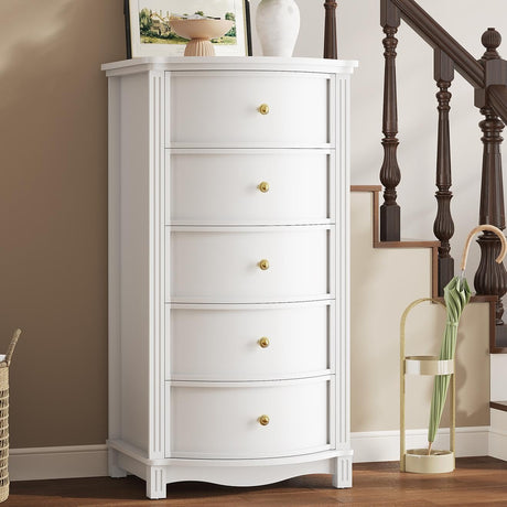 UPOSOJA AuraCurve Tall 5-Drawer Chest, Elegant Dresser with Five Arc Fronts, Roman Column Decor, Slim Floor Standing Storage Cabinet, 48.6x23.6x15.7 Inches(White, 5 Drawer) UPOSOJA