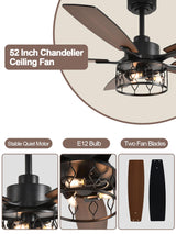 Curve Curio 52 Inch Farmhouse Ceiling Fan with Light and Remote Industrial Ceiling Fan Quiet and Reversible DC Motor Rustic Caged Chandelier Fan for Living Room Bedroom Patio Curve Curio