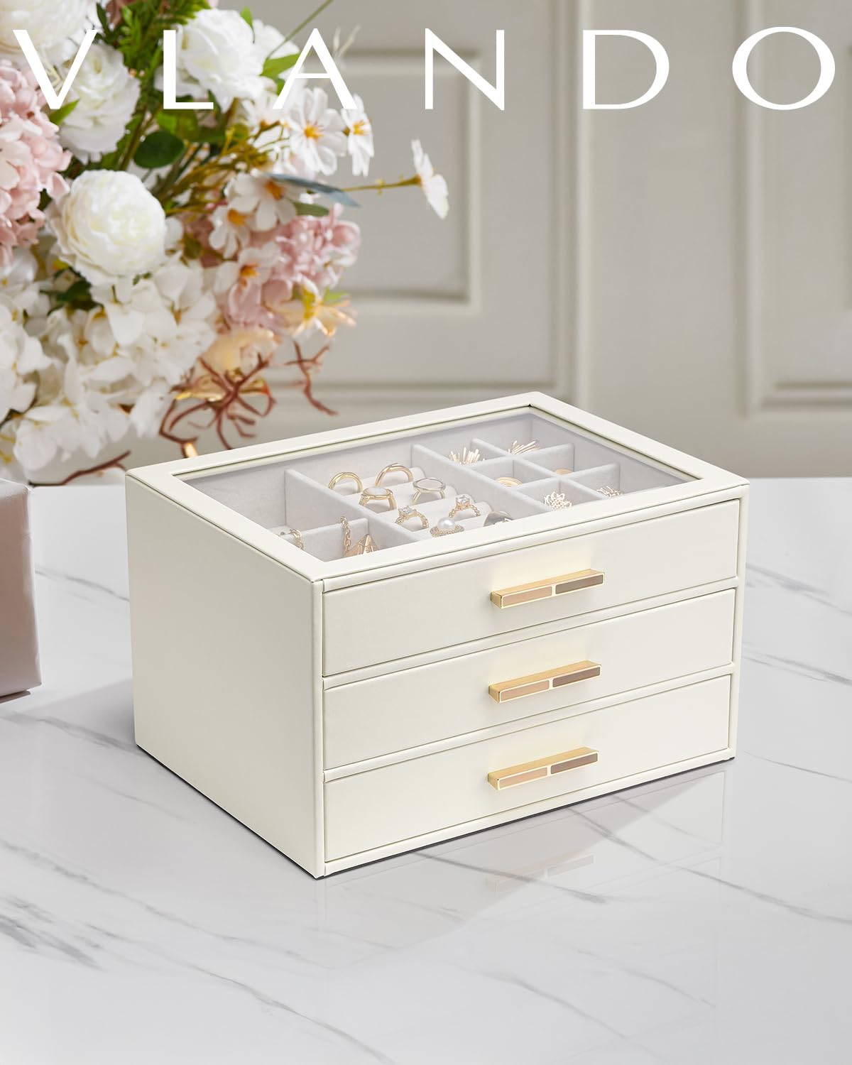 Vlando Jewelry Box for Women, Glass Lid Jewelry Organizer with 3 Drawers for Necklaces Rings Earrings Bracelets Mother Day Gift for Mom - Cloud White Vlando