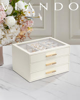 Vlando Jewelry Box for Women, Glass Lid Jewelry Organizer with 3 Drawers for Necklaces Rings Earrings Bracelets Mother Day Gift for Mom - Cloud White Vlando
