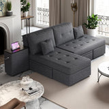YITAHOME Queen Size Sleeper Sofa, 5-in-1 Convertible Sofa Bed Couch with 2 Storage Cabinets and USB Ports, 100" Sectioanl Sofa Couch with 2 Throw Pillow for Living Room, Grey Linen Fabric YITAHOME