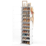 LANTEFUL 10 Tiers Tall Shoe Rack 20 Pair Shoe Organizer Narrow Shoe Rack with Door Portable Shoe Storage Cabinet with Hooks Sturdy Plastic White Shoe Shelf for Entryway and Bedroom LANTEFUL
