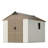 Patiowell 8 x 10 FT Resin Outdoor Storage Shed with Floor, Plastic Shed with Window and Lockable Door for Garden, Backyard, Tool Storage Use, Easy to Install in Brown (Kick-it Shed) Patiowell