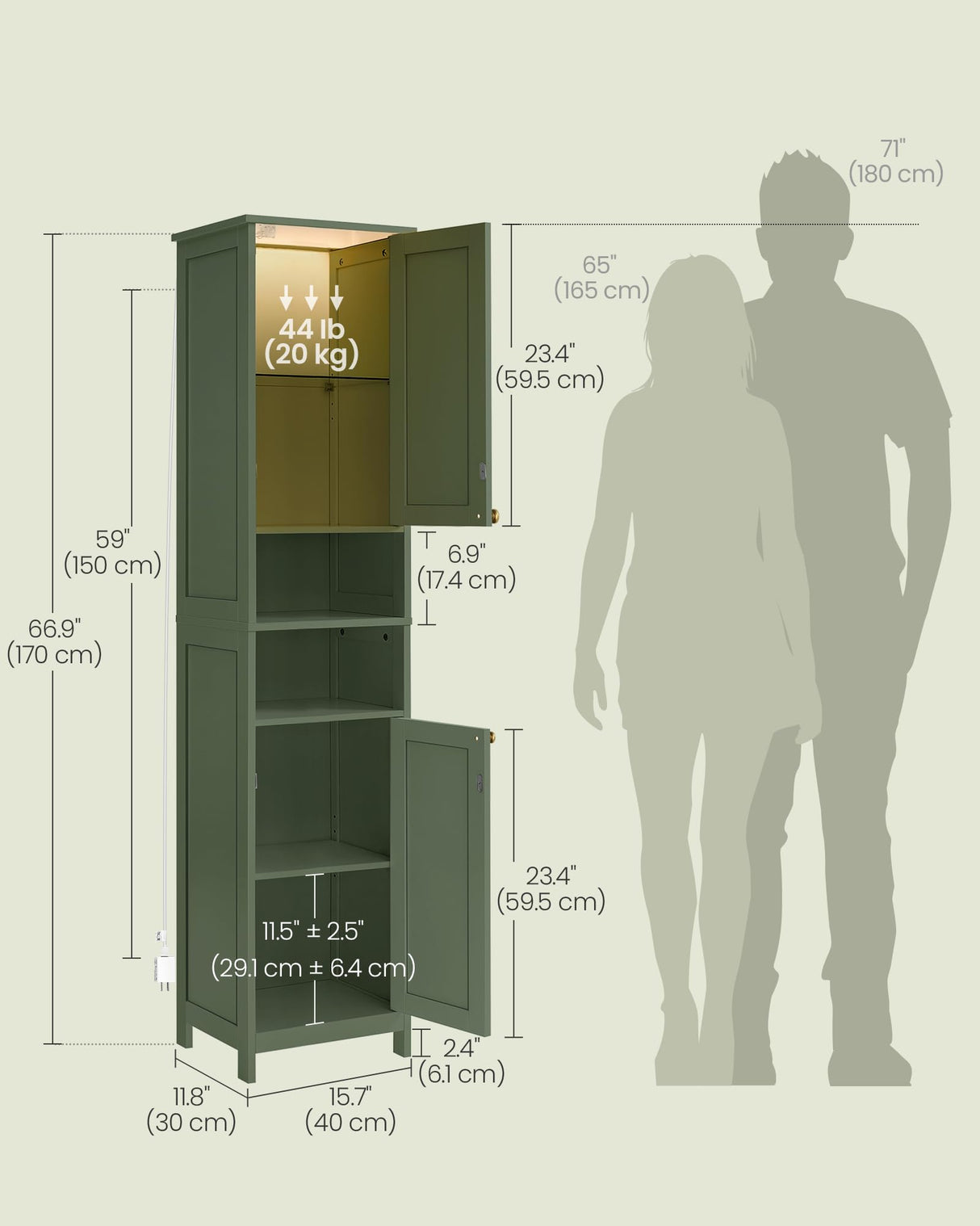 VASAGLE Tall Storage Cabinet with Lights, Slim Freestanding Cabinet with Adjustable Shelves, for Small Spaces, Bathroom, Living Room, Modern, 15.7 Inches Wide, Forest Green UBBC766C01 VASAGLE