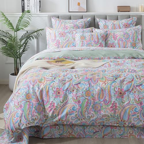 FADFAY Paisley Duvet Cover Set Queen Bohemian Damask Paisley Bedding Luxurious Pink Boho Paisley Comforter Cover Set 100% Cotton Ultra Soft Quilt Cover with Hidden Zipper Closure 3 Pieces, Queen Size FADFAY