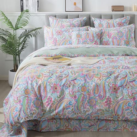 FADFAY Paisley Duvet Cover Set Queen Bohemian Damask Paisley Bedding Luxurious Pink Boho Paisley Comforter Cover Set 100% Cotton Ultra Soft Quilt Cover with Hidden Zipper Closure 3 Pieces, Queen Size FADFAY