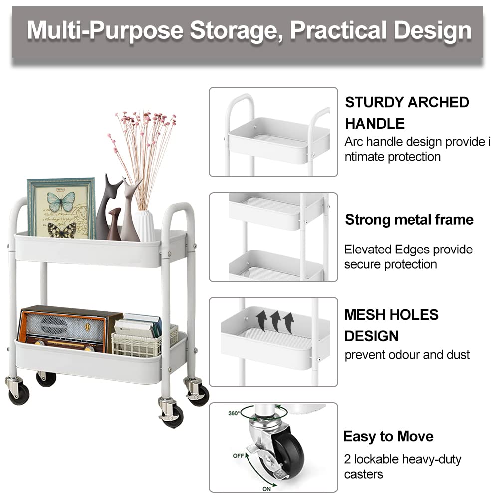 2 Tier All-Metal Rolling Cart, Rolling Storage Cart with Handle and Locking Wheels Kitchen Cart Laundry Office Bathroom Storage Organizer Cart, White Melody House