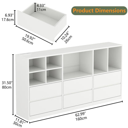 6 Drawers Dresser with 7 Storage Cubbies, LED Chest of Drawers with Power Outlet, 63" Triple Wide Long Dresser Organizer for Bedroom, Modern TV Stand with Open Shelf for Living Room, Entryway (White)