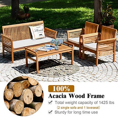 Tangkula 4 Piece Outdoor Acacia Wood Sofa Set with Water Resistant Cushions, Padded Patio Conversation Table Chair Set w/Coffee Table for Garden, Backyard, Poolside (1) - WoodArtSupply