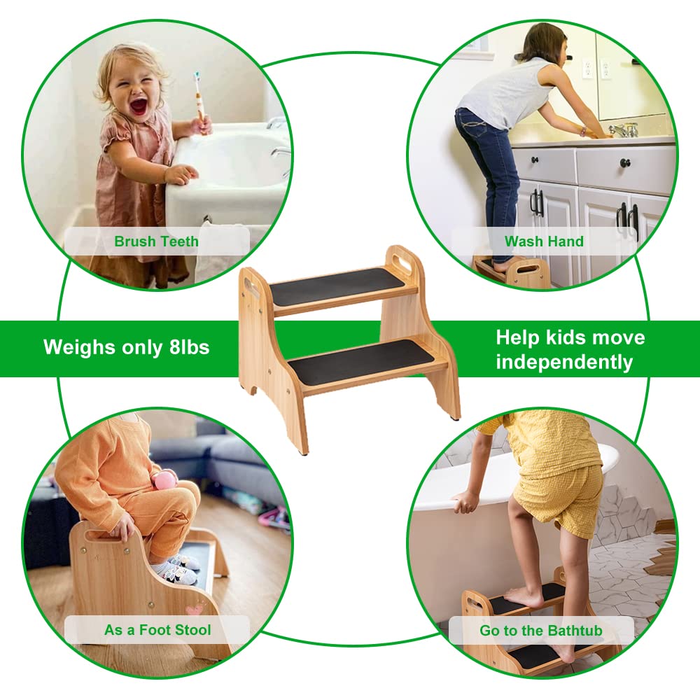 StrongTek Wooden 2 Step Stools for Kids, Toddler with Non-Slip Stepping Surface, Portable Stool with Handles for Bathroom Kitchen and Bedroom, 400 lbs Capacity (Natural) StrongTek