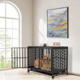 HIDOG 42'' Dog Crate Furniture, Wooden Dog Kennel with Lockable Wheels, Dog Crate End Table with Trays, Decorative Dog Kennel Indoor, Heavy Duty Dog Cage for Medium Large Dogs, Rustic Brown HIDOG