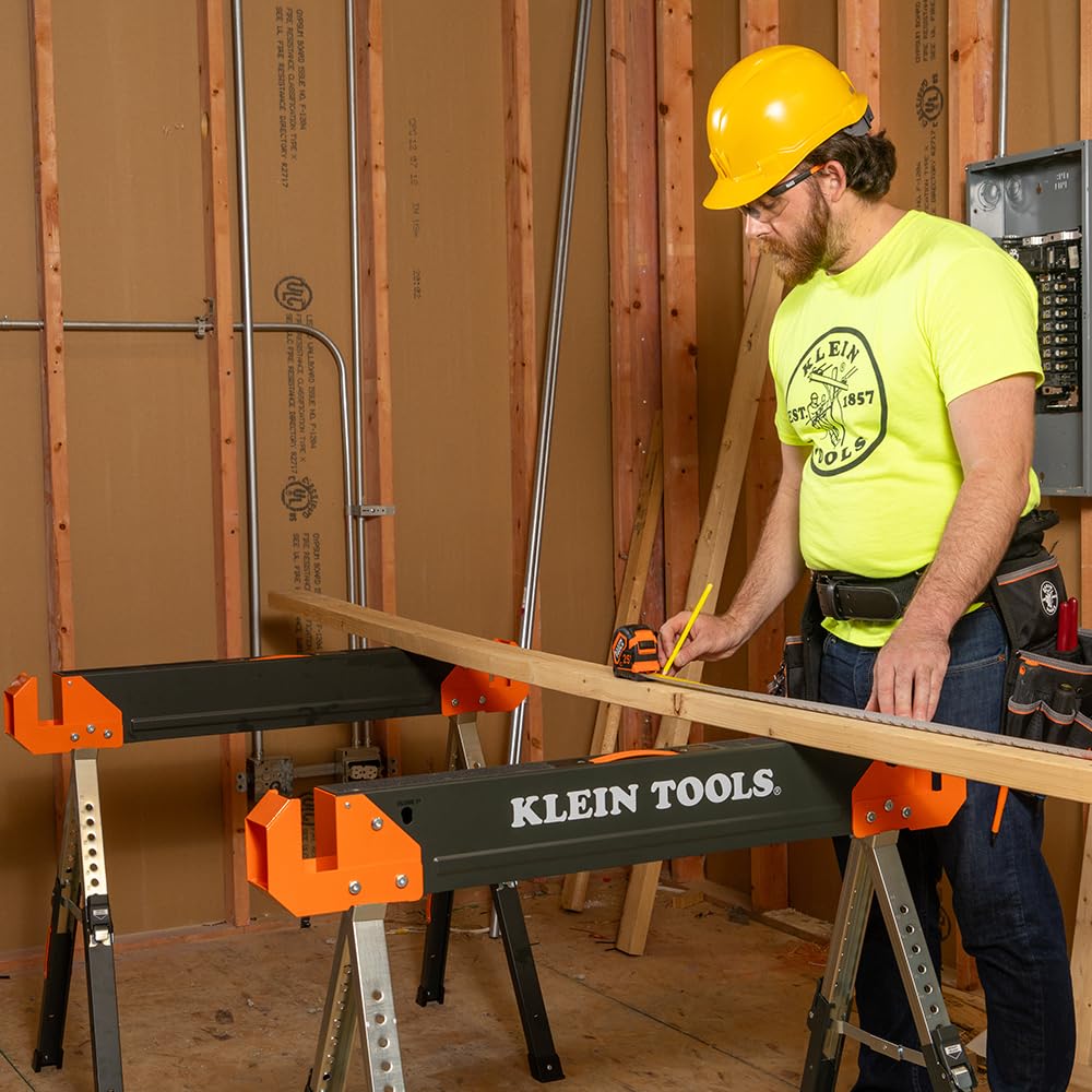 Klein Tools 66188 Folding Saw Horse, 2x4 Support Arms, 26-Inch to 32-Inch Adjustable Height, Heavy Duty Jobsite Table, 1-Pack Klein Tools