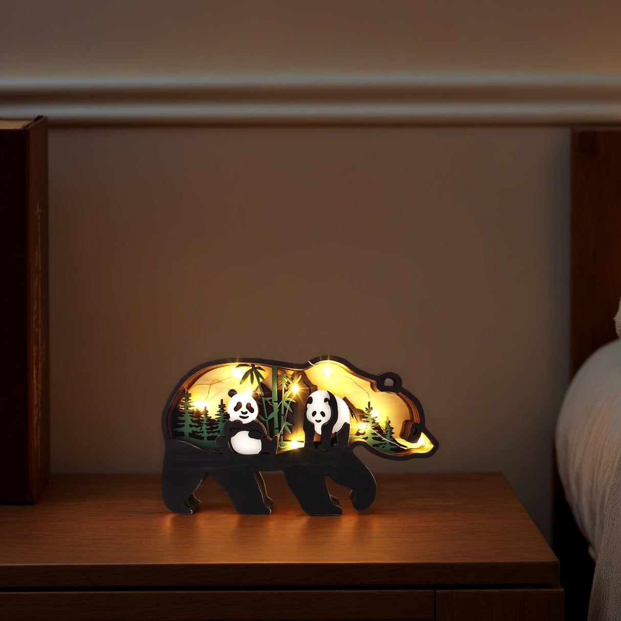 Drawelry 3D Wood Carving Animals Lamp Home Decorative, Cute Bear Family Elephant Presents Ideas Christmas Living Room Office Decor Warm LED Night Lights Gift for Friend Daughter Son Mom Dad (Panda) Drawelry