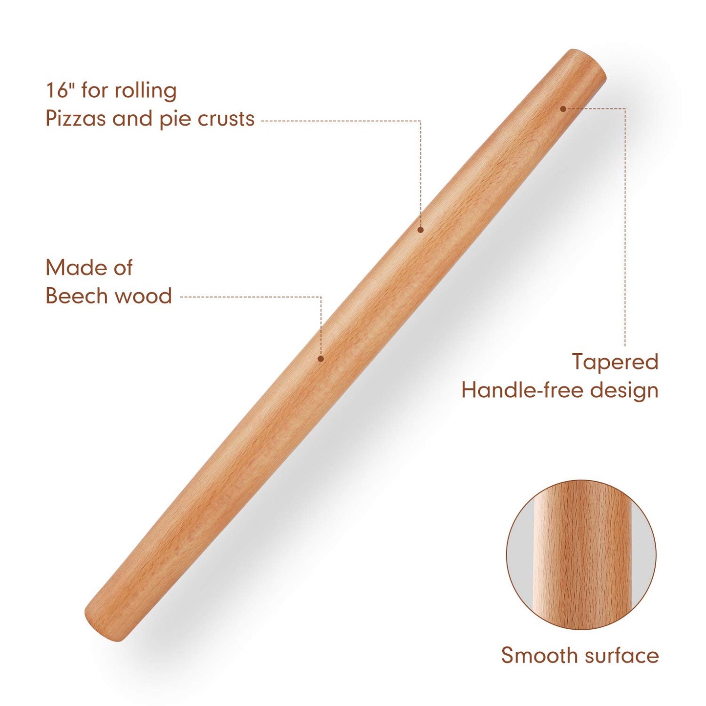 Wood Rolling Pin, QUELLANCE Wood French Roller Pin with Silicone Baking Mat, Beech Wood Dough Roller for Baking Dough, Pizza, Pie, Pastries, Pasta and Cookies