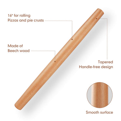 Wood Rolling Pin, QUELLANCE Wood French Roller Pin with Silicone Baking Mat, Beech Wood Dough Roller for Baking Dough, Pizza, Pie, Pastries, Pasta and Cookies