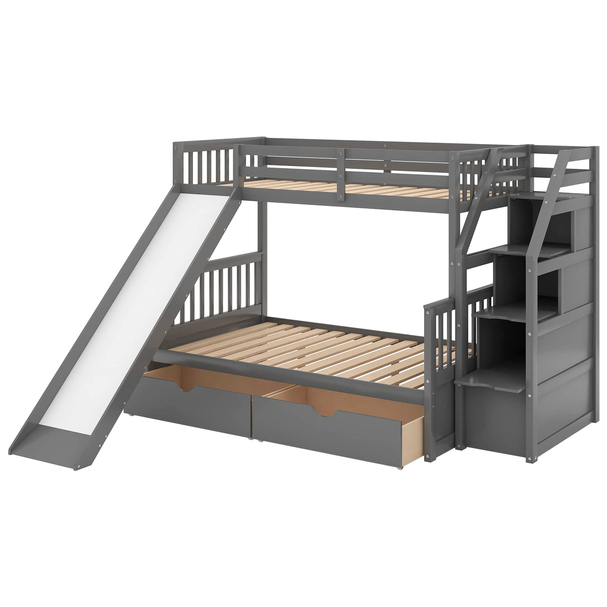 Harper & Bright Designs Twin Over Full Bunk Bed with Stairs and Slide, Multifunction Wood Bunk Bed with Storage Drawers, Gray Harper & Bright Designs