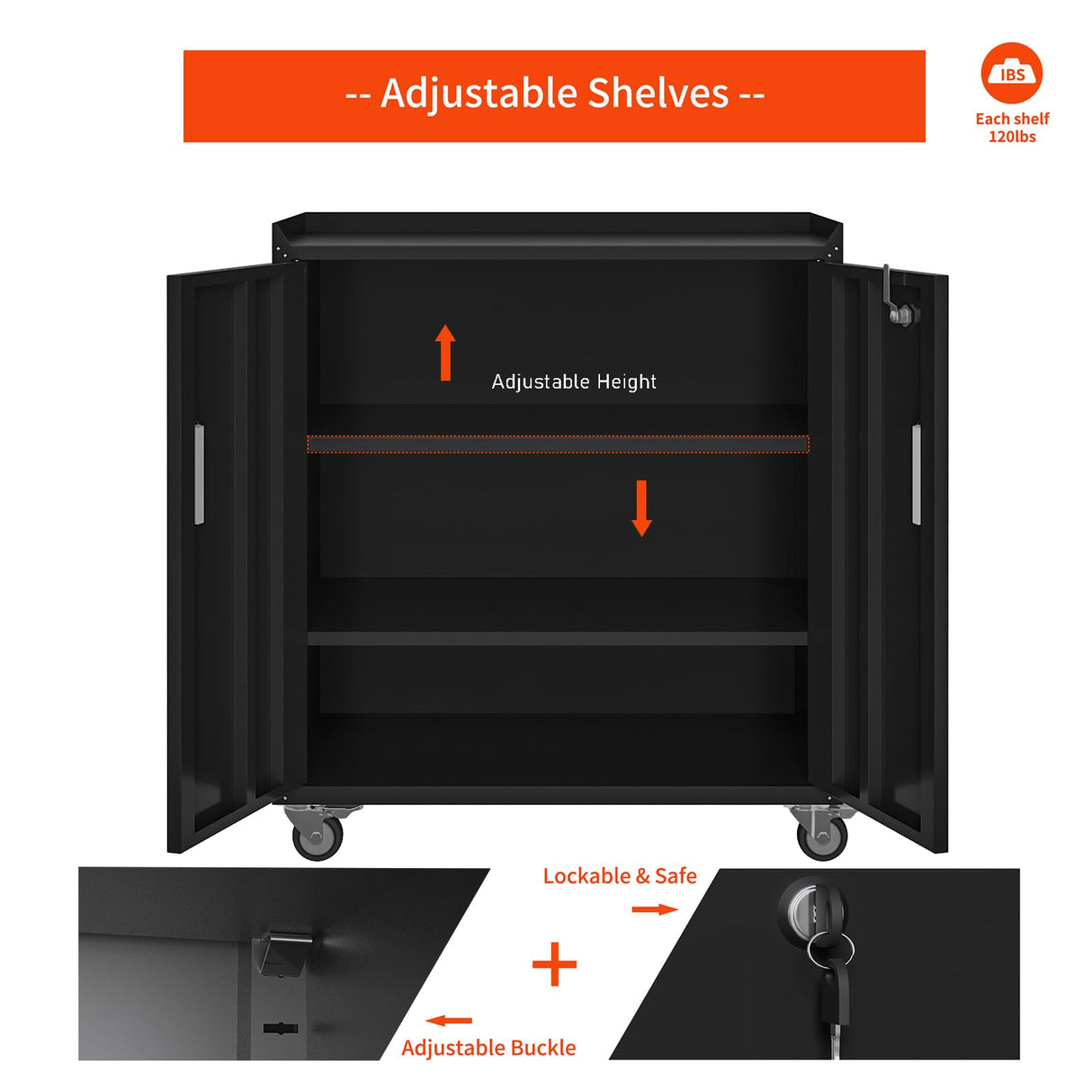 Washsemba Metal Garage Storage Cabinet with Wheels ，Lockable Rolling Tool Chest with Wheels, Tool Cabinet on Wheels, Utility Cabinet for Home, Office, Garage and Workshop (Black) Washsemba