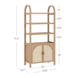 Nathan James Paxton Mid-Century Modern Arched Bookshelf Cabinet with Solid Wood Frame and Rattan Base, Raw Oak Nathan James