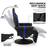 MoNiBloom Reclining Gaming Chair Ergonomic Game Recliner Chair Adjusted PU Leather Reclining Video Gaming Single Sofa with Retractable Footrest, Swivel Theater Seating Gaming Couch w/Cup Holder, Blue MoNiBloom