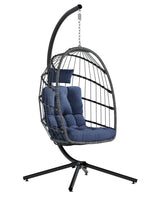 SWITTE Egg Chair Outdoor with Stand, Indoor Wicker Hanging Egg Swing Chair with Cushion, 350lbs Capacity for Patio, Bedroom, Garden - Dark Blue SWITTE