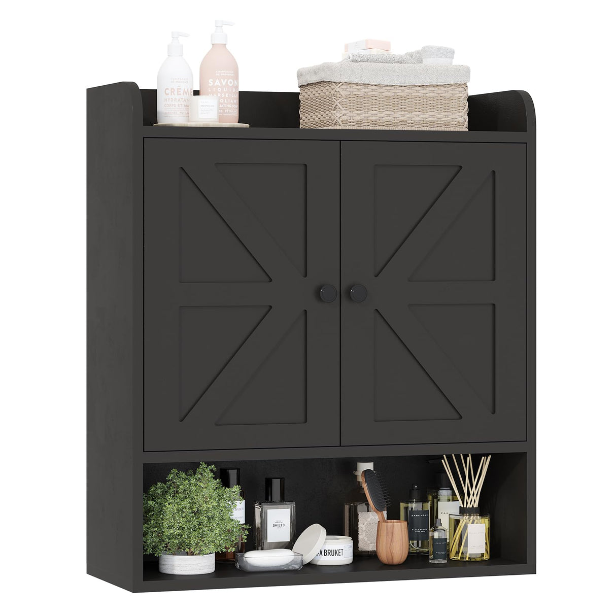 EasyCom 22" W x 26" H Bathroom Wall Cabinet, Farmhouse Medicine Cabinet with Adjustable Shelves and Double Barn Doors, Over The Toilet Storage Cabinet for Bathroom, Kitchen, Living Room, Black EasyCom