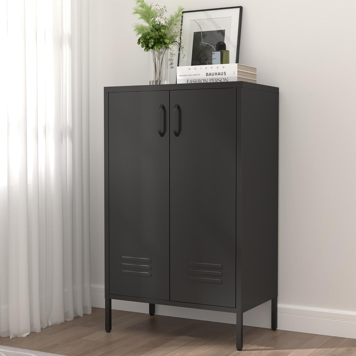 IRONFFICE Metal Locker Storage Cabinet,Black Accent Storage Cabinet, Metal Pantry Cabinet with Doors,Locker Cabinet for Living Room,Kitchen,Office IRONFFICE