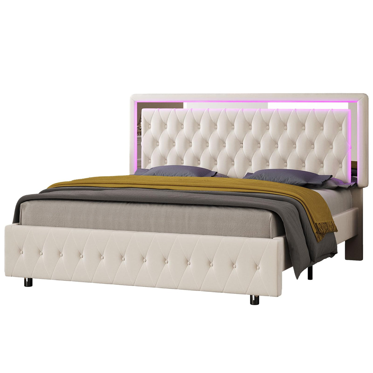 Jocisland Full Bed Frame with LED Lights Headboard&Footboard, Velvet Upholstered Full Size Platform Bed Frame No Box Spring Needed/Cream Jocisland