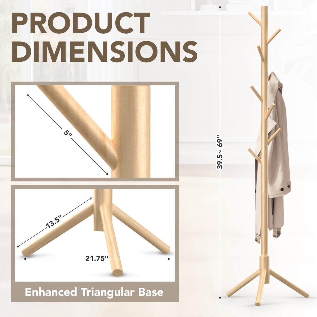 Hupmad Wooden Tree Coat Rack Stand,Sturdy Freestanding Coat Rack with 8 Hooks,3 Adjustable Height for Child Adult,Wood Coat Stand Tree Fits Entryway Bedroom Office for Bags,Hats Hupmad