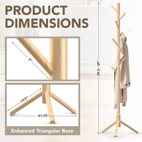 Hupmad Wooden Tree Coat Rack Stand,Sturdy Freestanding Coat Rack with 8 Hooks,3 Adjustable Height for Child Adult,Wood Coat Stand Tree Fits Entryway Bedroom Office for Bags,Hats Hupmad