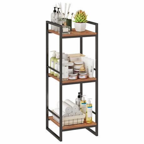 BYFU 3 Tier Bathroom Shelving Unit, Narrow Open Floor Shelves, Metal Corner Storage Rack for Bathroom Laundry Room Kitchen Living Room, Rustic Brown BYFU