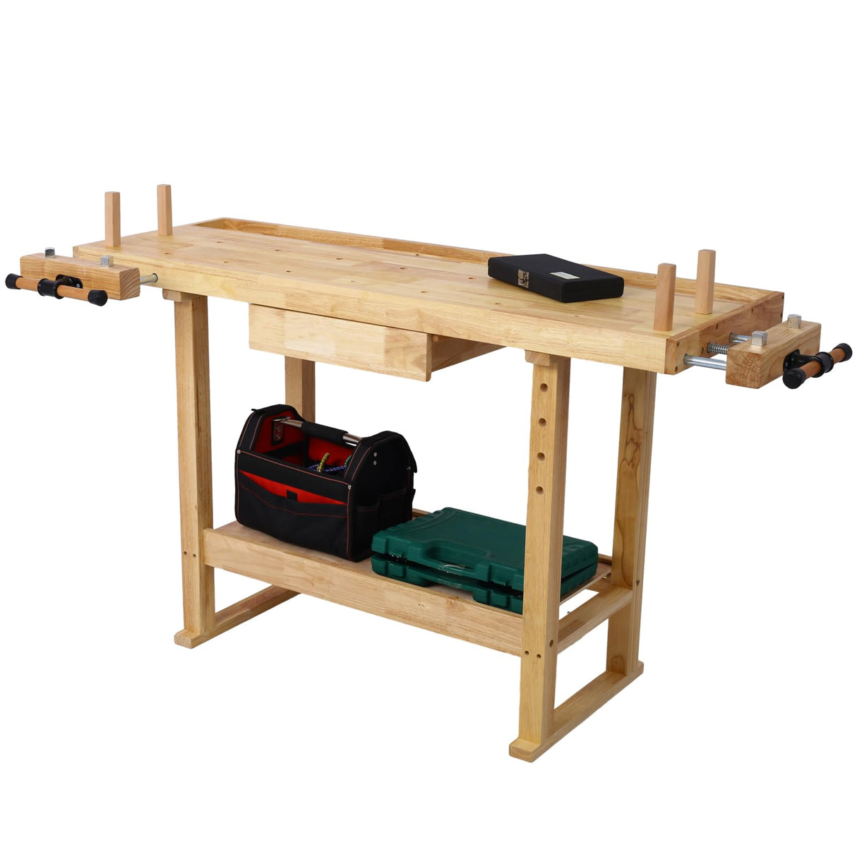 55" Rubberwood Workbench with Drawers and Vices, Heavy Duty Wooden Work Table for Garage, Workshop, Home, Office KUFUH