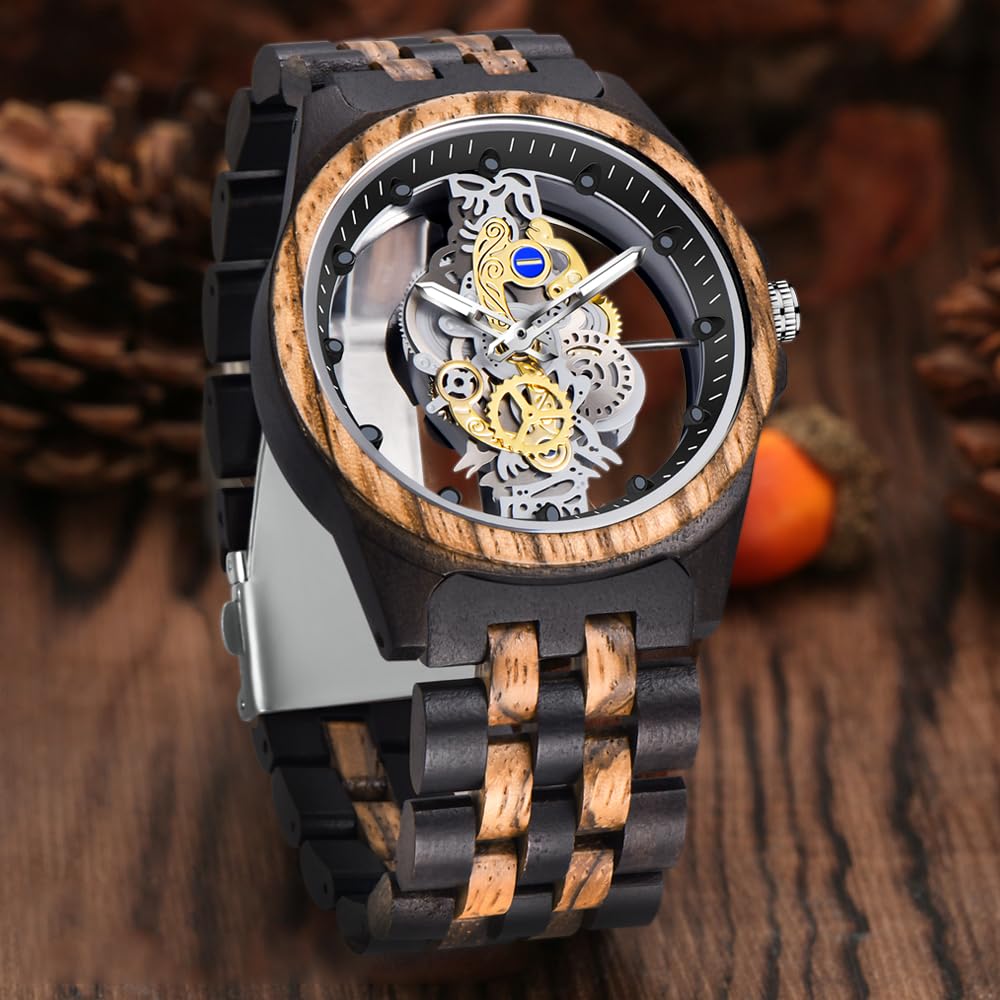 Dentily Men's Hollow Analog Wooden Watch Retro Gear Carving Design Transparent Dial Quartz Watch for Men Dentily