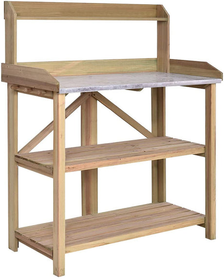 OFFICEJOY Potting Bench, Outdoor Garden Work Station Table w/Galvanized Tabletop, 2 Lower Shelf, 3 Wood Hooks, Plant Flower Pot Workstation Bench Table for Backyard, Balcony, Patio, Yard (Light Oak) OFFICEJOY