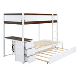 Linique Twin-Over-Twin Bunk Bed with Twin Size Trundle, Ladder & Full-Length Gurardrails, Writing Desk with USB Ports, 3-Hole Socket & 3 Drawers, White+Walnut Linique