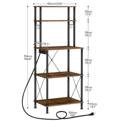 HOOBRO Kitchen Bakers Rack with Power Outlets, 5-Tier Microwave Stand, Coffee Bar with S-Shaped Hooks, Kitchen Storage Shelf Rack for Living Room, Dining Room, Rustic Brown and Black BF80UHB01