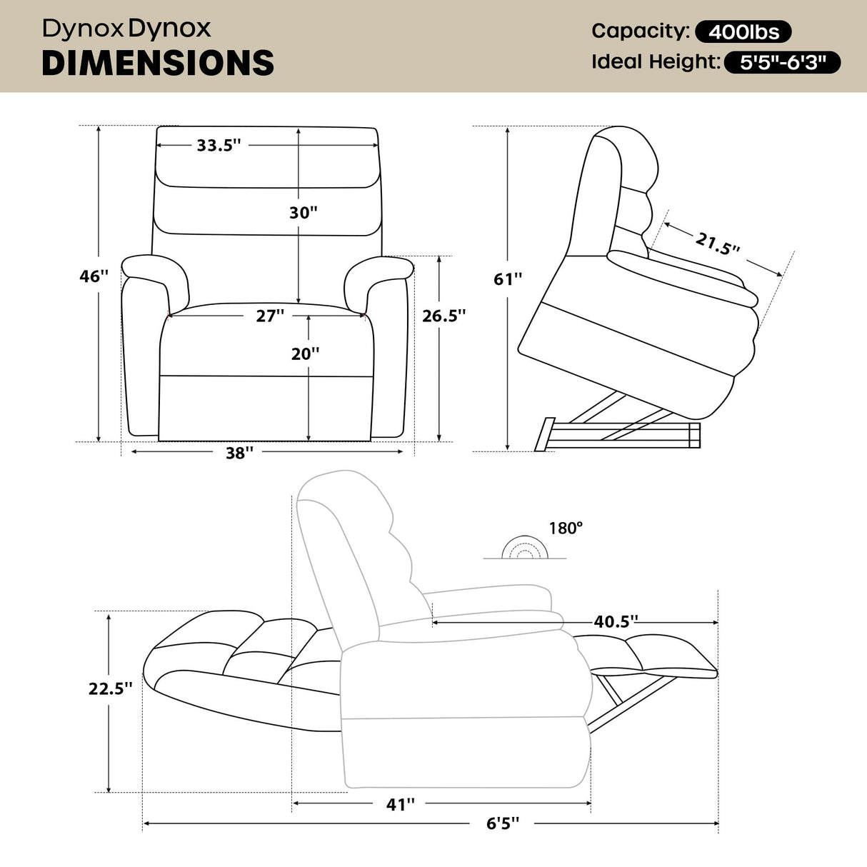 DYNOX Big Man Large-Wide Power Dual Motor Lift Recliners Chairs for Elderly Lay Flat Lift Chair with Infinite Positions, Heat & Massage, Supports 400 LBS(9298,Faux Leather,Cream) DYNOX