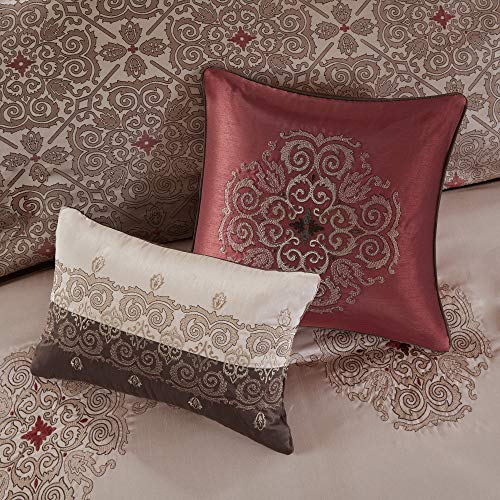 Madison Park Essentials Delaney 24-Piece Room In A Bag Comforter Set-Satin Jacquard, All Season Luxury Bedding, Sheets, decorative pillows and Curtains, Valance, King(104"x92"), Medallion Red Madison Park