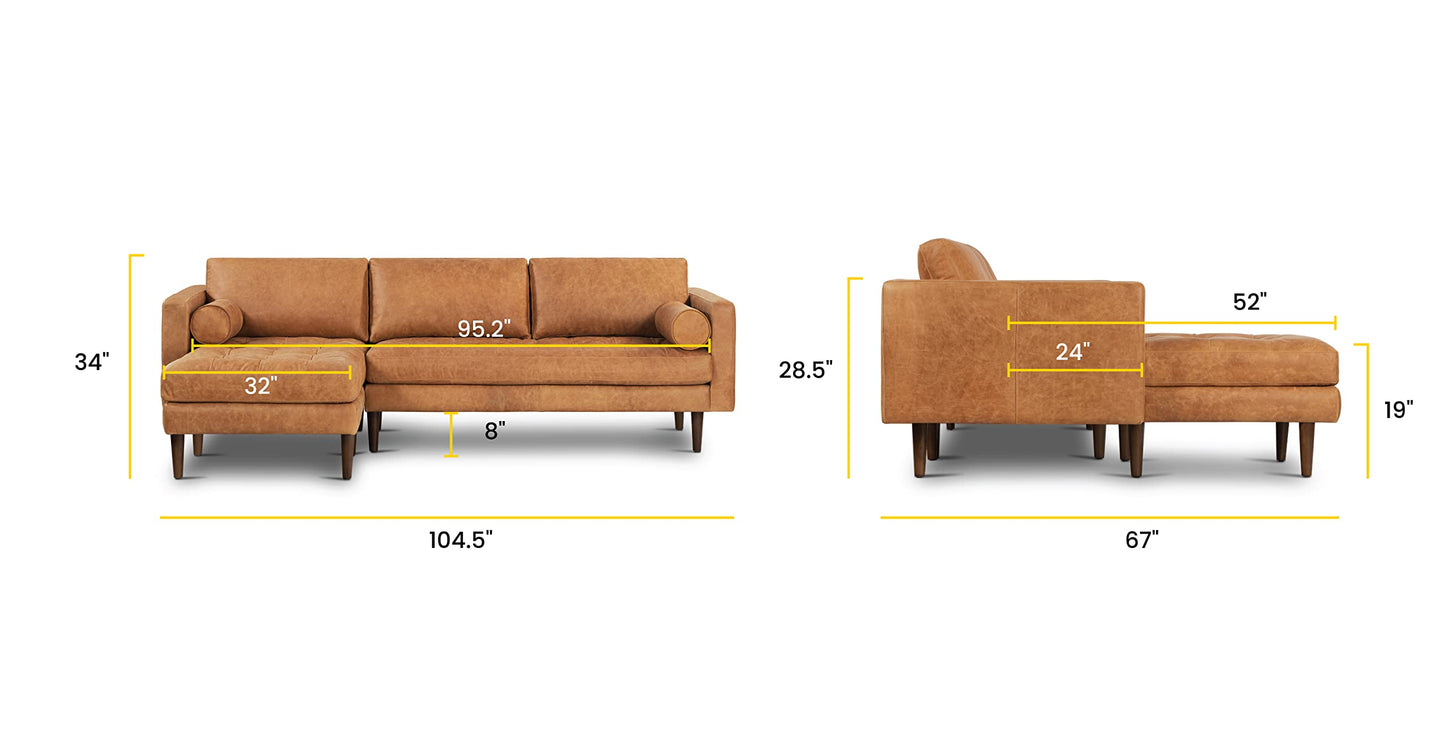 POLY & BARK Napa Leather Couch – Left-Facing Sectional Full Grain Leather Sofa with Tufted Back with Feather-Down Topper On Seating Surfaces – Pure-Aniline Italian Leather – Cognac Tan