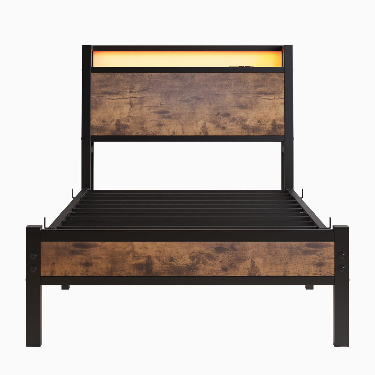 ZGEHCO Twin Bed Frames with Ergonomic Storage Headboard,Metal Platform Bed Frame with Charging Station,LED Bed Frame Twin Size No Box Spring Needed,Heavy Duty Steel Slats,Noise Free,Rustic Brown ZGEHCO
