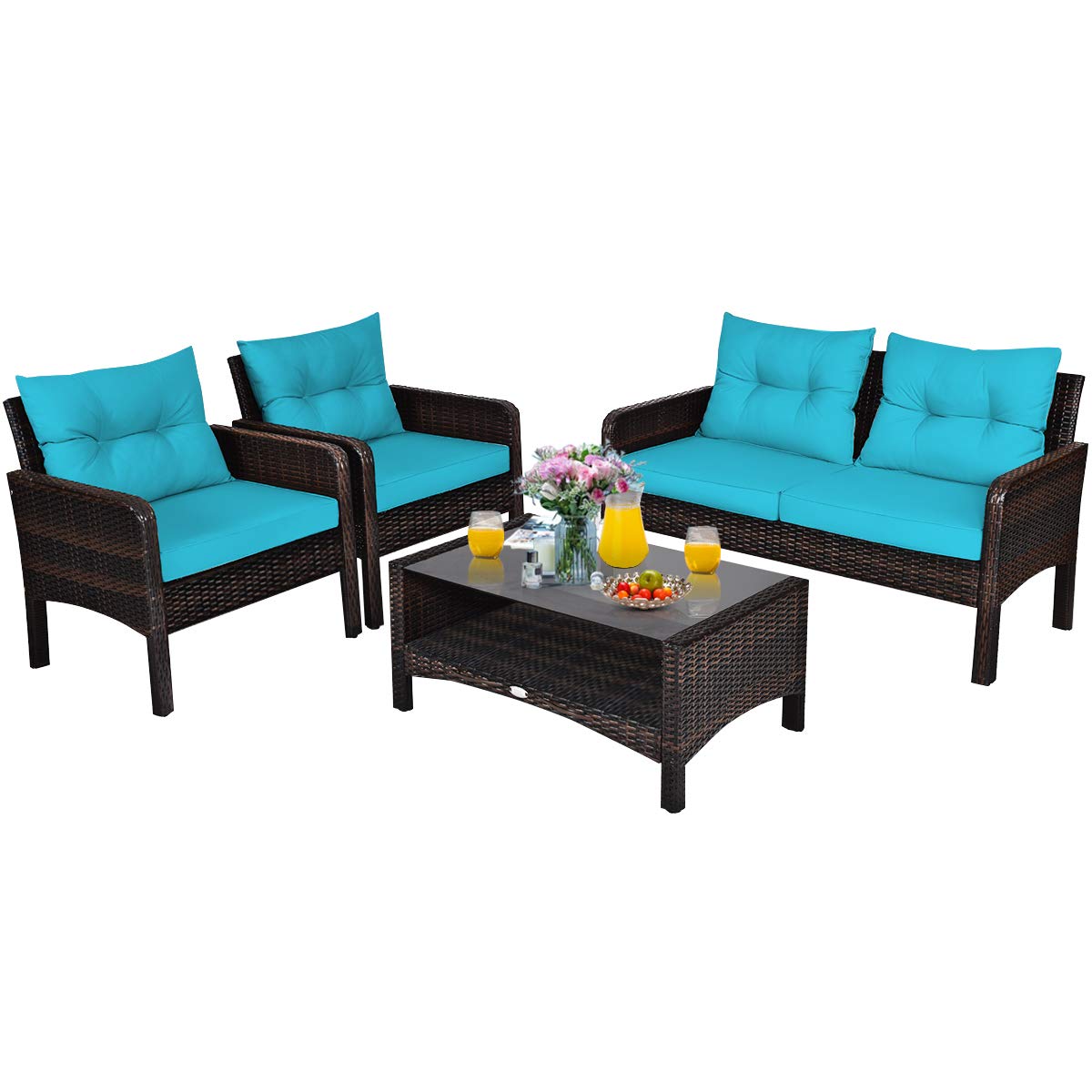 Tangkula 4 Piece Patio Furniture Set, Outdoor Wicker Conversation Set with Glass Top Coffee Table, All Weather Proof and Thick Cushions, Suitable for Porch, Garden, Poolside and Lawn (Turquoi - WoodArtSupply