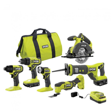RYOBI ONE+ 18V Cordless 6-Tool Combo Kit with 1.5 Ah Battery, 4.0 Ah Battery, and Charger RYOBI