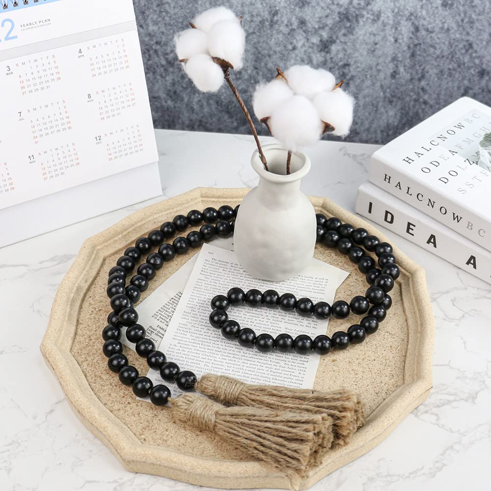 Sivya 58in Farmhouse Beads Wood Bead Garland with Tassels, Rustic Farmhouse Decor for Farmhouse Tiered Tray Farmhouse Wall Decor (Black, 58in/1Pcs) Sivya