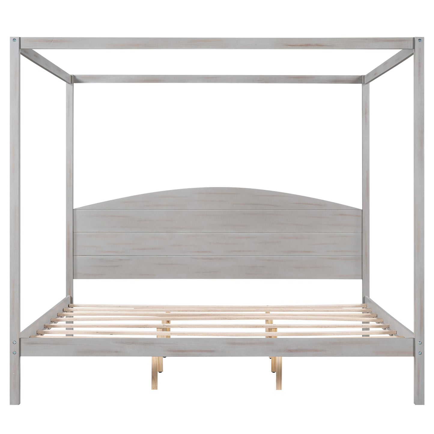 Merax King Size Wood Canopy Bed Frame with Headboard in Grey Wash, Sturdy and Squeak-Resistant Design - WoodArtSupply