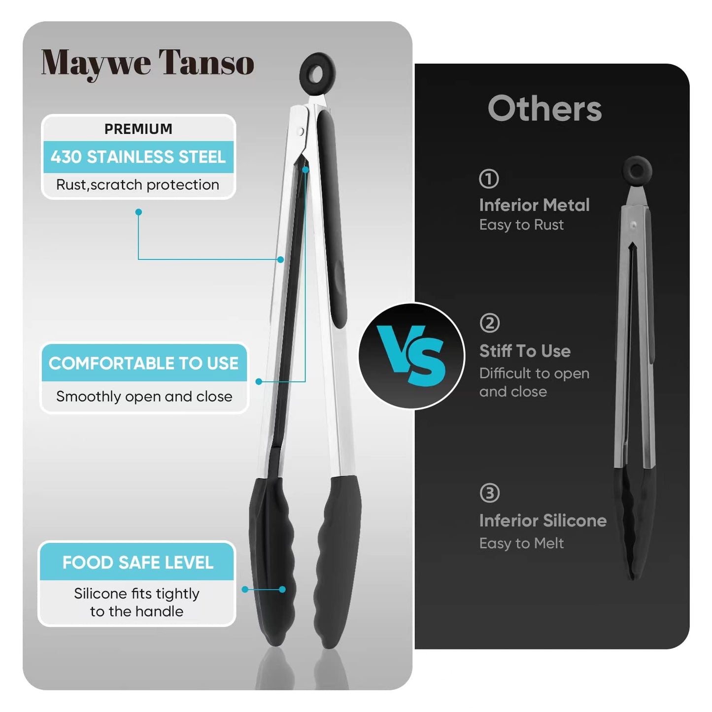 600℉ Heat Resistant Kitchen Tongs for Cooking with Silicone Tips,Maywe Tanso 12-Inch Stainless Steel Locking Cooking Tongs Food Tongs for BBQ,Cooking,Salad and Serving Food,Heavy Duty,Non-Stick,Black